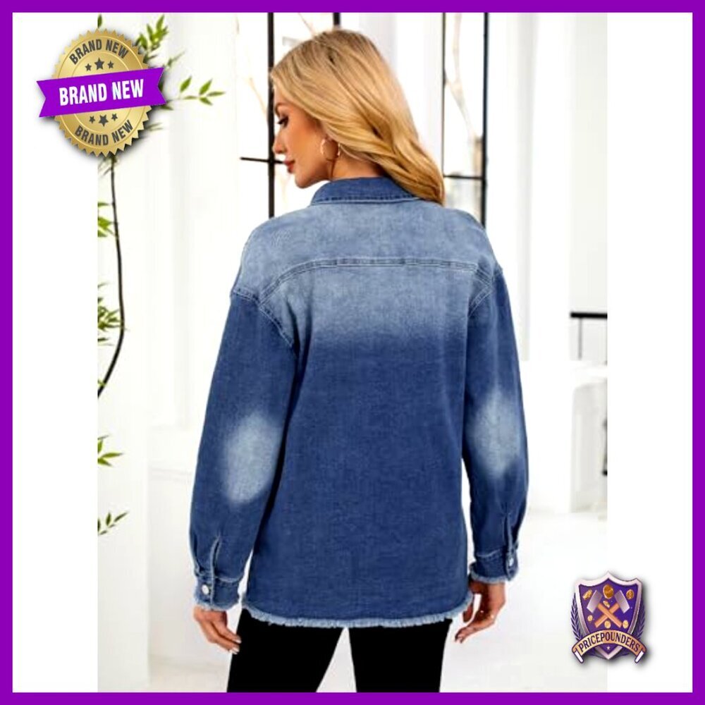 Oversized Denim Shacket Button Down Frayed Hem Casual Long Sleeve Jacket - Picture 5 of 7